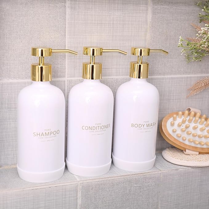 Shampoo and Conditioner Dispenser Set of 3, Refillable 20.5OZ Shampoo Bottles - Image 6