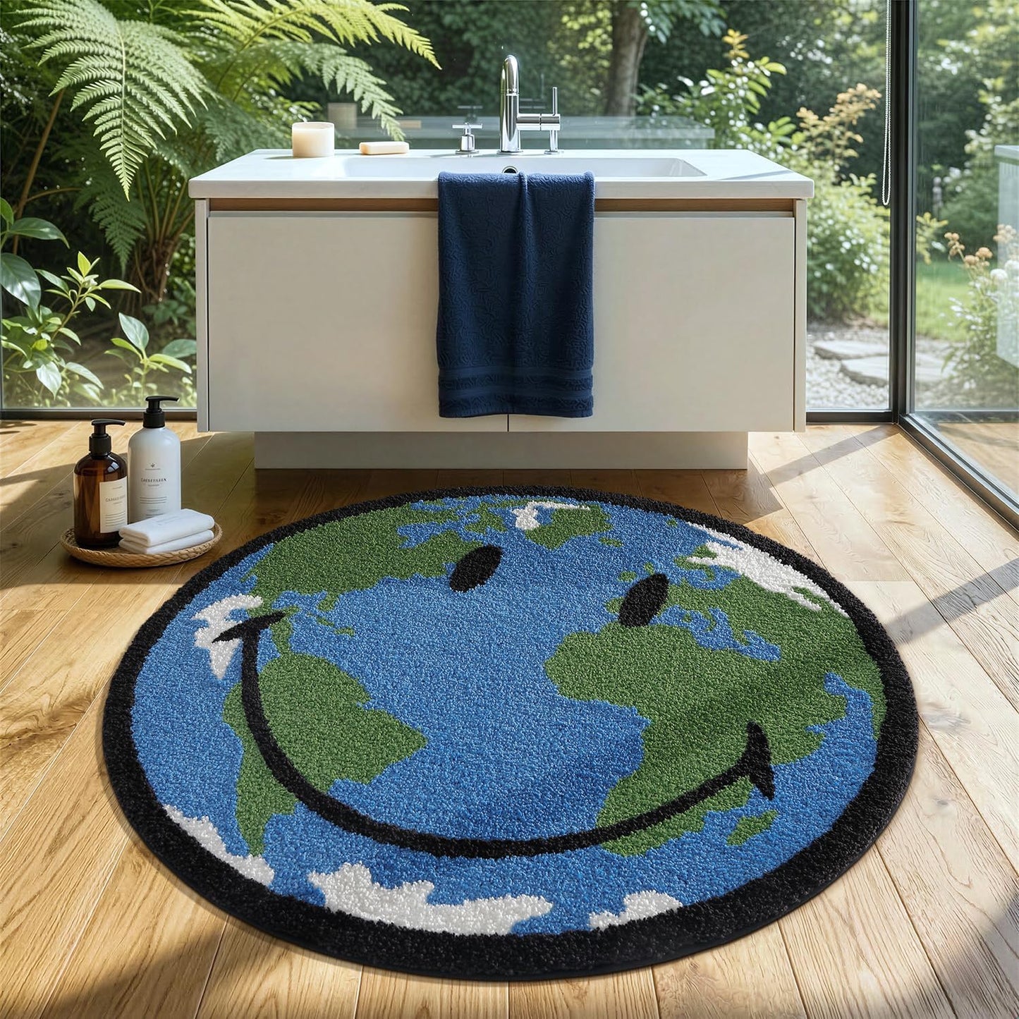 LUMI 5ft Round High Pile Smile Earth Globe Bathroom Rugs Non Slip, Absorbent Ultra Soft Microfiber Moss Circle Bath Mat, Washable Area Rug for Shower, Sink, Living Room, Kids Room and Nursery Room