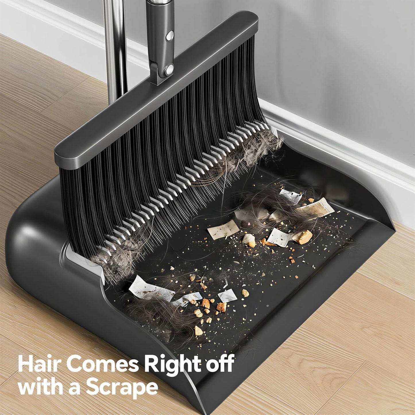 Spreezy Broom with Dustpan Combo Set, 52" Long Handle Standing Dustpan Set, Upright Dustpan with Cleaning Teeth, Indoor Outdoor Home, Office, Black-Gray
