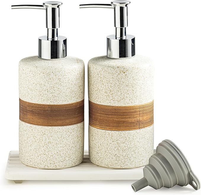 2-Pack Ceramic Soap Dispensers Set, Includes Stainless Steel Pump, Silicone by Cormomu