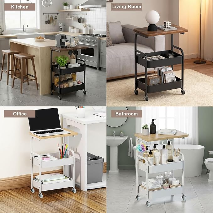 Rolling Cart with Wooden Tabletop 3-Tier Metal Utility Rolling Cart Storage - Image 8