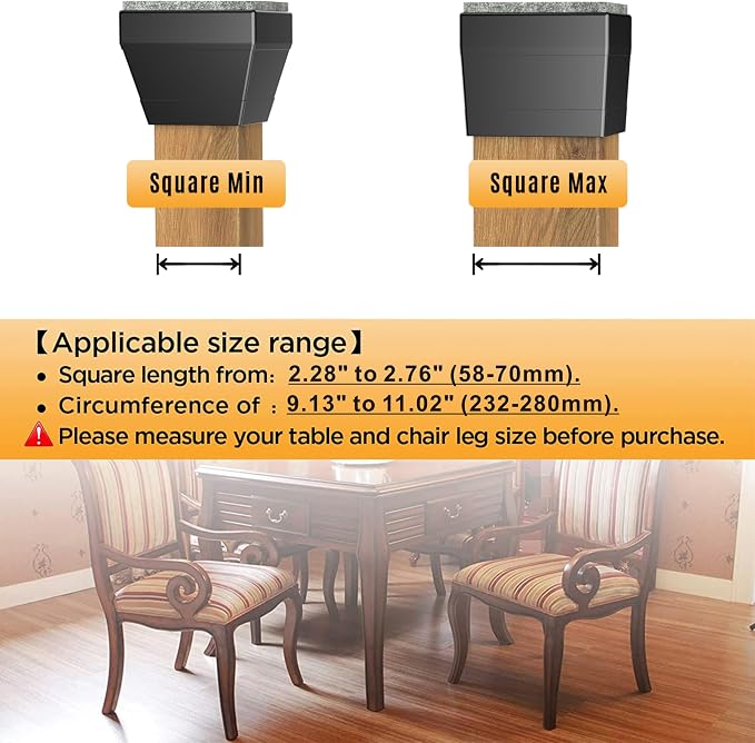 Square Chair Leg Protectors for Hardwood Floors, （Fit: 2.25" -2.75" Black）. - Image 3