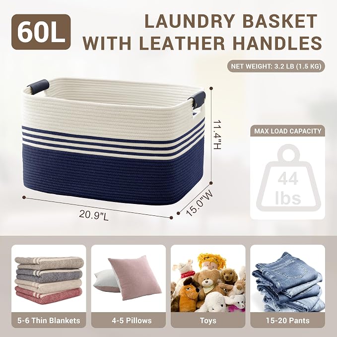 60L Large Laundry Basket with Leather Handles - Image 2