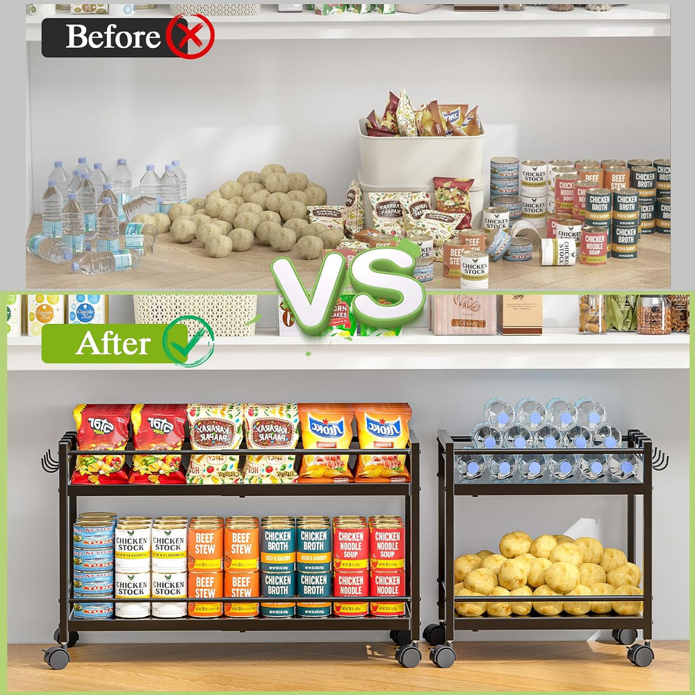 1 Pack 2-Tier Expandable Pantry Floor Organizer Cart, Rolling Pantry Storage ...
