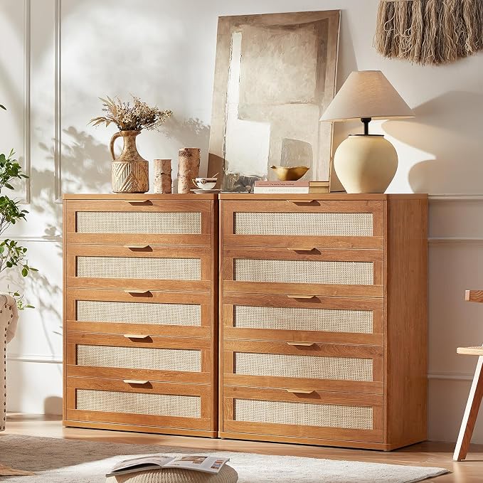 LEYAOYAO Dresser for Bedroom, Modern 5 Drawers Boho Rattan Dressers - Image 4
