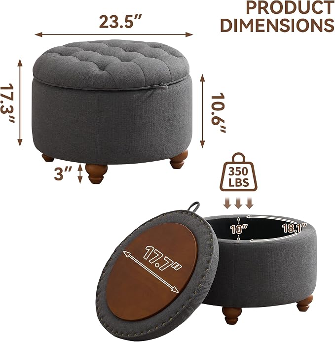 24Inch Round Storage Ottoman - Image 2