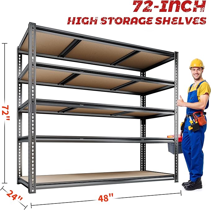 48"W Garage Shelving, 3050LBS Storage Shelves Heavy Duty, 5 Tier Metal Shelving - Image 2