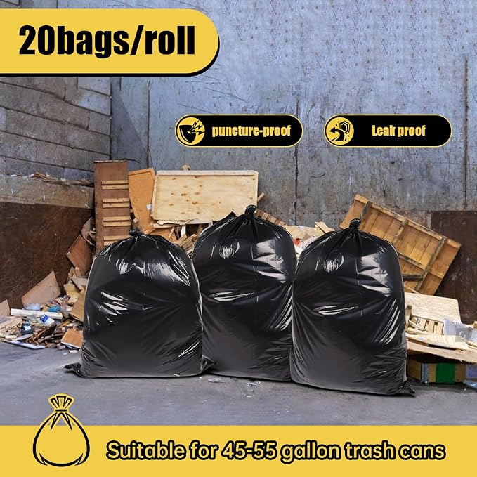 Heavy Duty Extra Large 55 Gallon Black Trash Bags, 1.92 Mil Industrial Garbage - Image 3