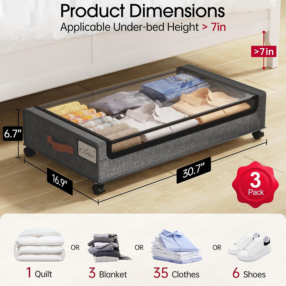 Yecaye 3 Pack Under Bed Storage with Wheels, Under Bed Storage Containers, Un...
