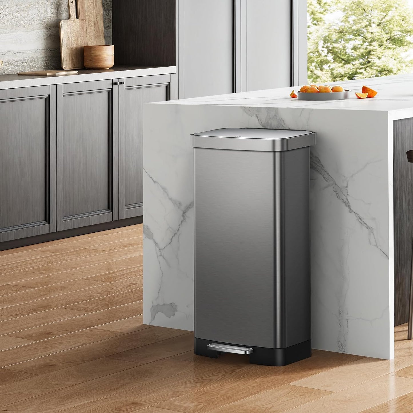 EKO Hudson Stainless Steel 75 Liter/20 Gallon Large Kitchen Trash Can, Tall Step Garbage Can with Rear Bag Storage Compartment, Gunmetal