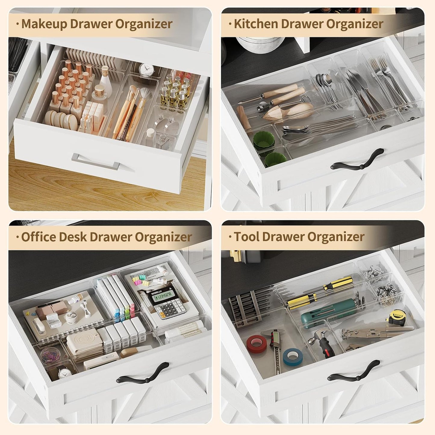 Yanosaku 25 PCS Clear Plastic Drawer Organizer Set, 4 Sizes Vanity Organizers, Desk Drawer Divider Organizers and Storage Bins for Makeup, Jewelry, Gadgets for Kitchen, Bathroom, Office