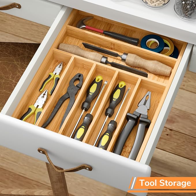 BAMEOS Bamboo Silverware Drawer Organizers, 11.9 inch Utensil Drawer Organizer - Image 5