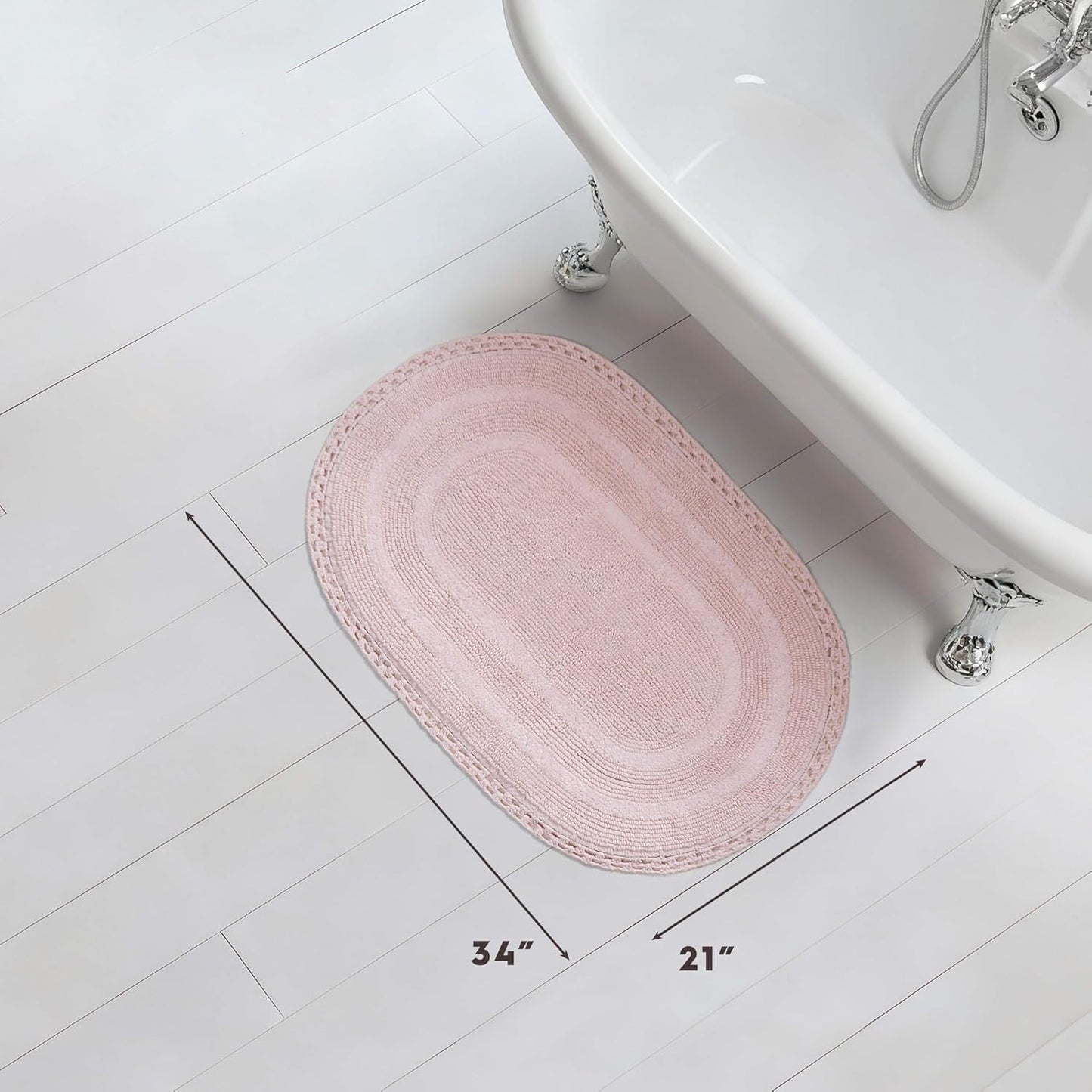 Laura Ashley Camilla 100% Cotton Oval Bath Mat with Crochet Border, Soft & Absorbent, Light Pink 21" x 34" Bathroom Rug