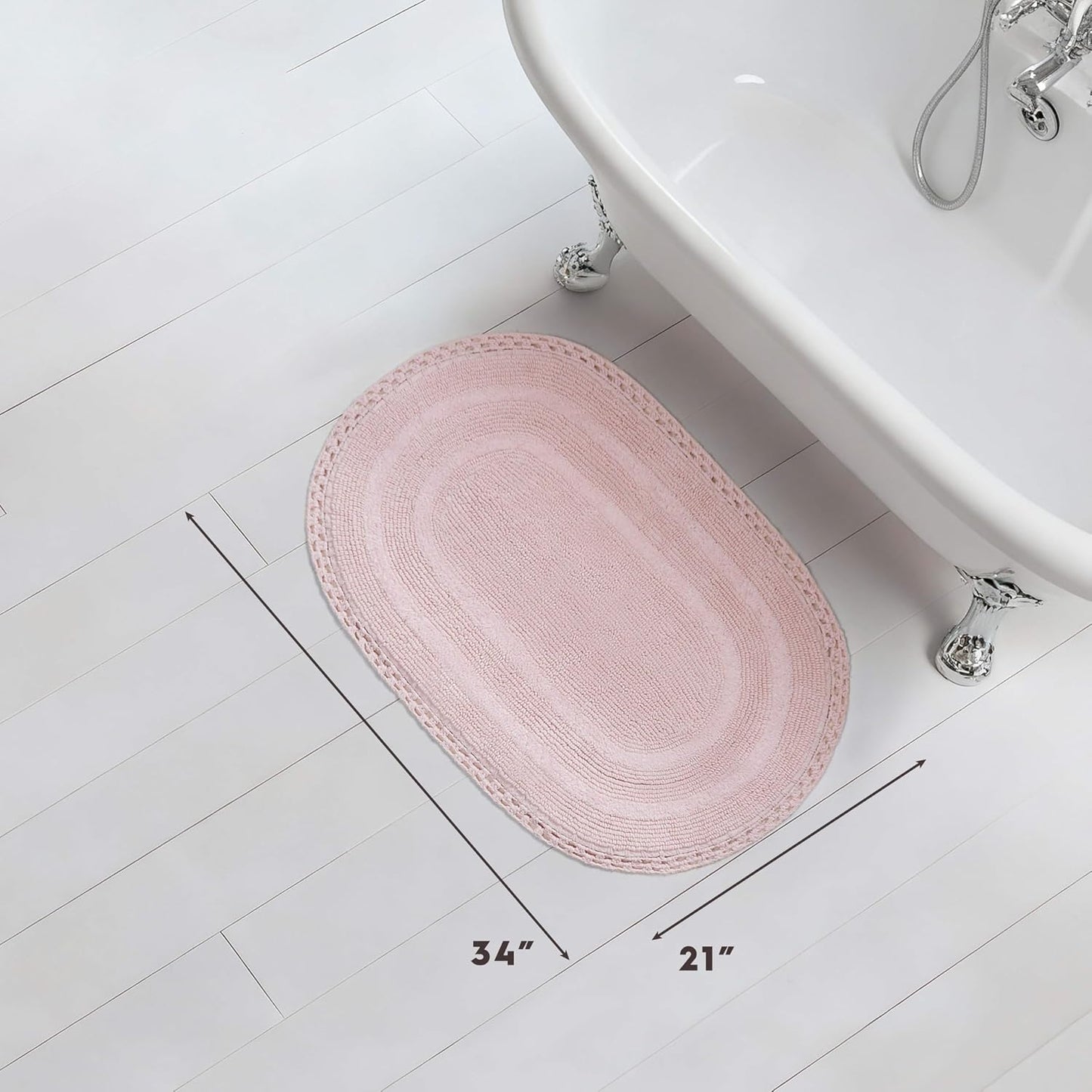 Laura Ashley Camilla 100% Cotton Oval Bath Mat with Crochet Border, Soft & Absorbent, Light Pink 21" x 34" Bathroom Rug
