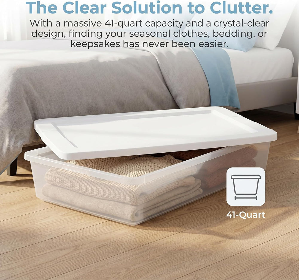 41 Quart Clear Under Bed Storage Bin with Snap-On Lid – Stackable, Transparen...