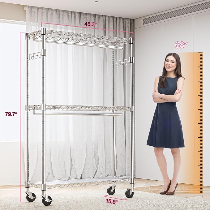 Heavy Duty Rolling Garment Rack 3 Tiers Adjustable Wire Shelving Clothes Rack - Image 8