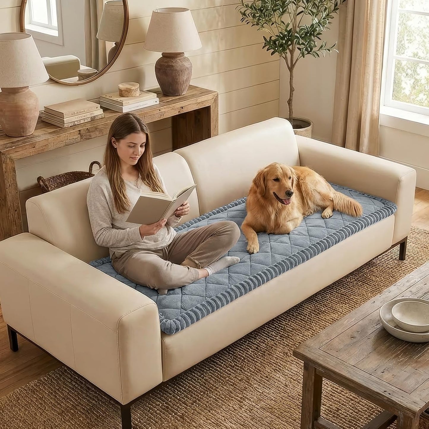 Smiry Couch Cover for Dogs, Non Slip Washable Pet Sofa Protector for Large Dogs, Cats, Fuzzy Plush Sofa Covers for 2 Cushion Couch, Against Fur, Dirt & Scratch Resistant, Grey, 27.6"×59"