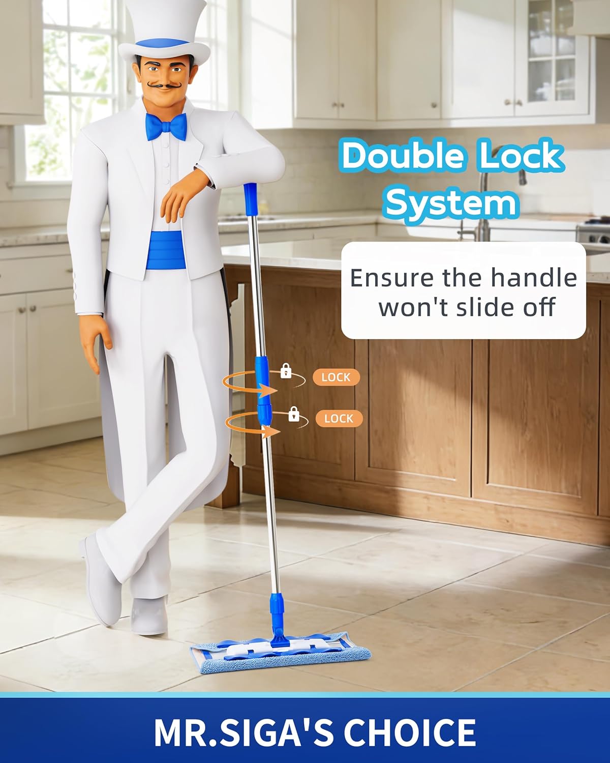 MR.SIGA Professional Microfiber Mop for Hardwood, Laminate, Tile Floor Cleaning, Stainless Steel Telescopic Handle - 3 Reusable Flat Mop Refills and 1 Dirt Removal Scrubber Included
