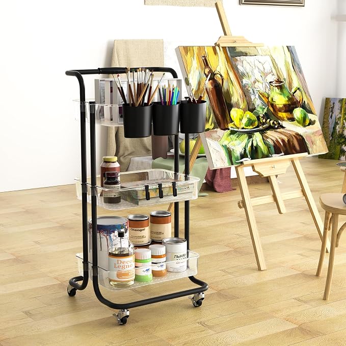 3 Tier Rolling Cart with Metal Handle, Hanging Cups, Plastic Storage Baskets & - Image 6