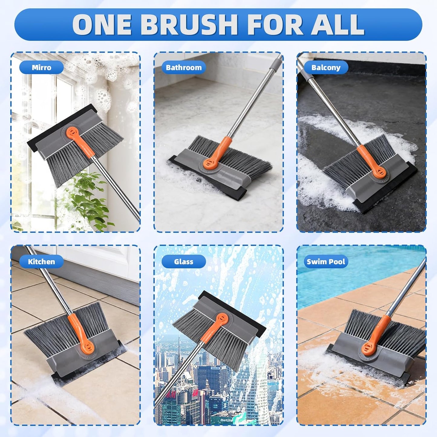 Floor Scrubber, 50 inch Heavy Duty Floor Scrub Brush with Long Handle and Squeegee for Cleaning Tile Wall Deck Bathroom Patio Garage Kitchen, Grey