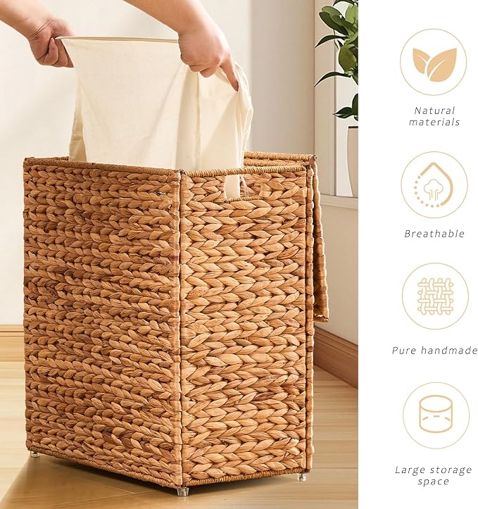 Handwoven Laundry Basket with Lid, Natural Water Hyacinth Storage Basket with - Image 6