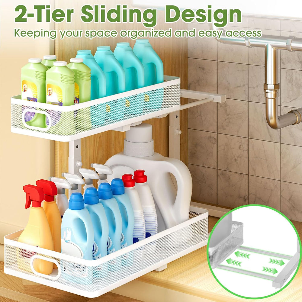 Under Sink Organizer 2-Pack, Metal 2-Tier Pull-Out Cabinet Shelf with Slide-O...
