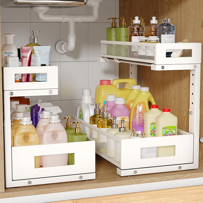 2 Pack 17IN Depth Under Sink Storage Organizer, Large 2-Tier Elegant Mesh Pull by UnderSinkOrganizer