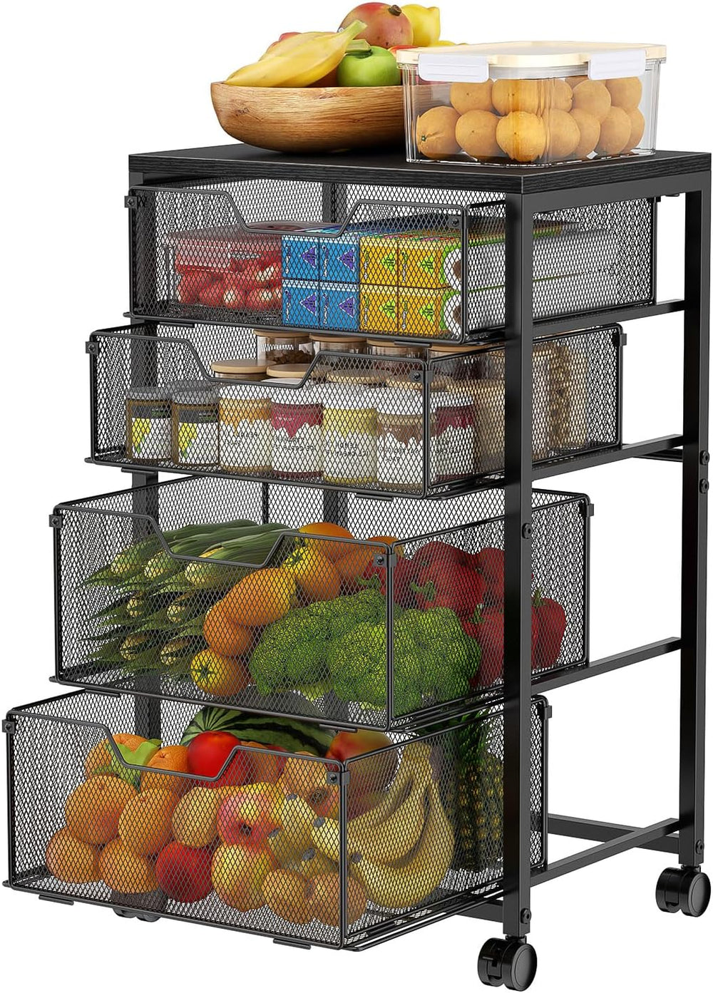 Kitchen Rolling Cart with 4 Storage Drawers, 4-Tier Fruit Vegetable Storage C...