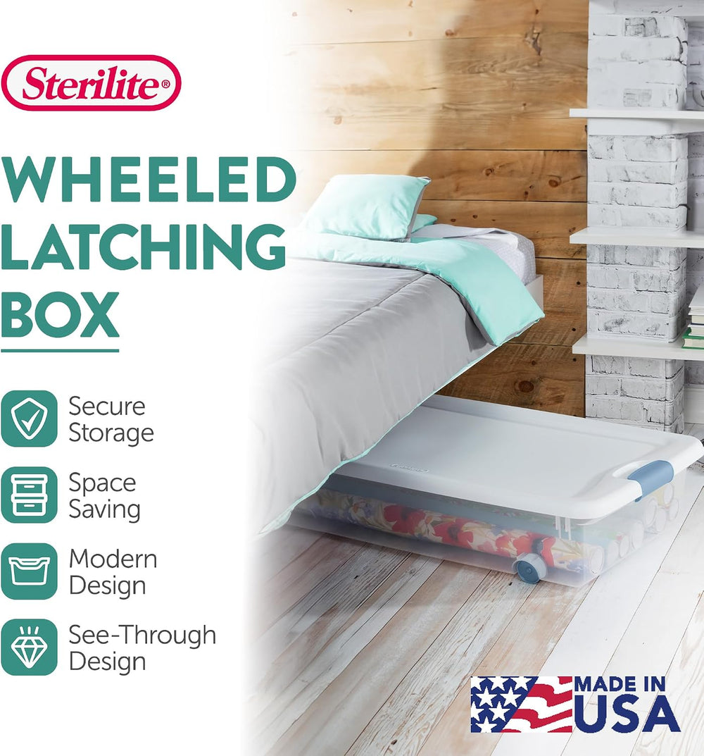 Sterilite 8-Pack Wheeled Latching Box, Plastic Under Bed Storage Bins with Li...