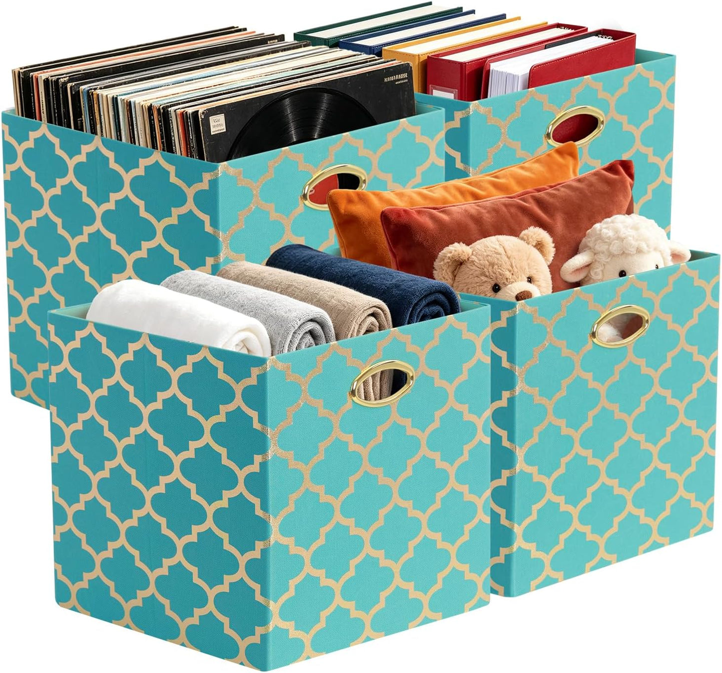 Posprica 13x13x13 Storage Cube Bins, Collapsible Storage Bins Fabric Storage Cubes Organizer Baskets Box Drawers for Shelves, Closet, Wardrobe, Bookshelf, Cabinet, Sky Blue/Gold Lantern, 4 Pack