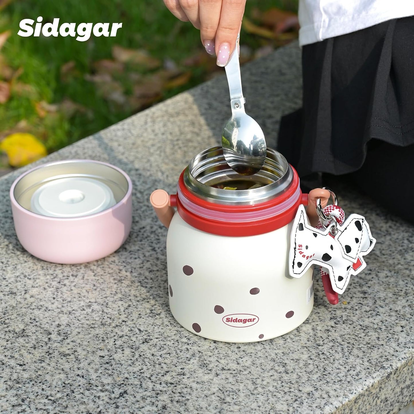 24 oz Insulated Food Jar with Handle, Aesthetic Stainless Steel Vacuum Lunch Container for School Office, Keep Hot/Cold Soup, Oatmeal, Smoothie Bowl, Peach Mocha Dot