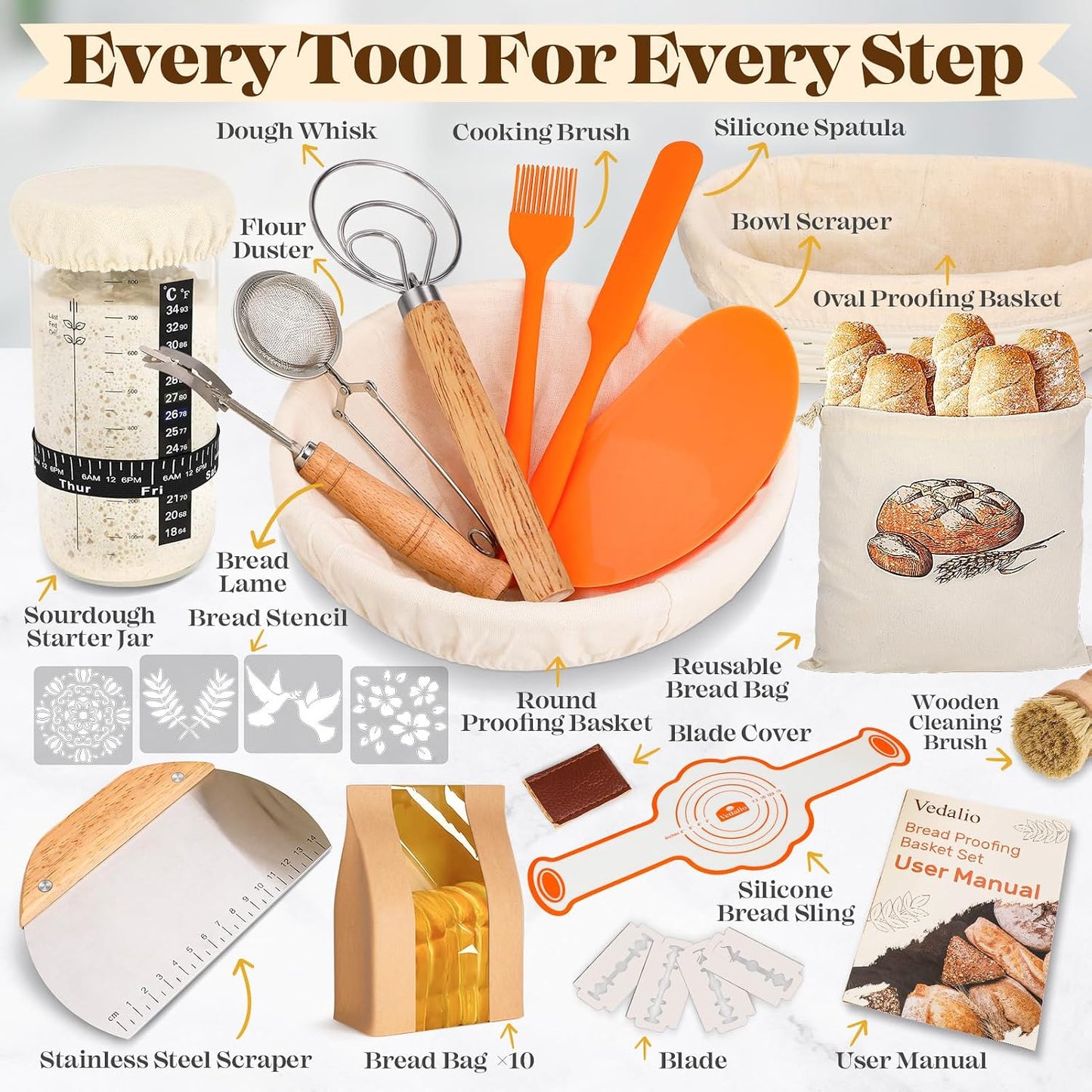 Sourdough Starter Kit with Bread Proofing Baskets, Jars, Baking Essentials | 9 in Round & 10 in Oval Baskets Set, Sourdough Bread Baking Supplies, Sour dough Beginner Kit Gifts for Bakers Women Wife Mom