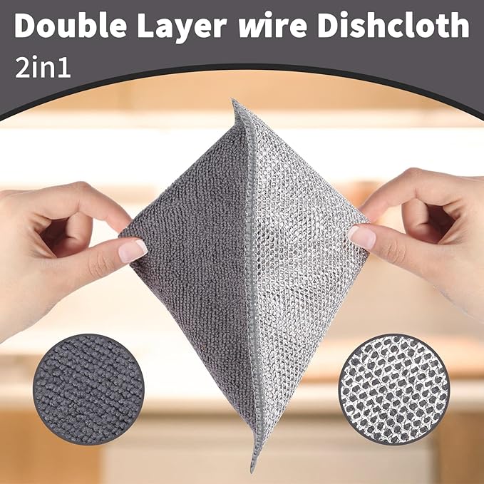 2 in 1 Stainless Steel Scrubber & Microfiber Cleaning Cloth, 5 Pack Towel & - Image 3