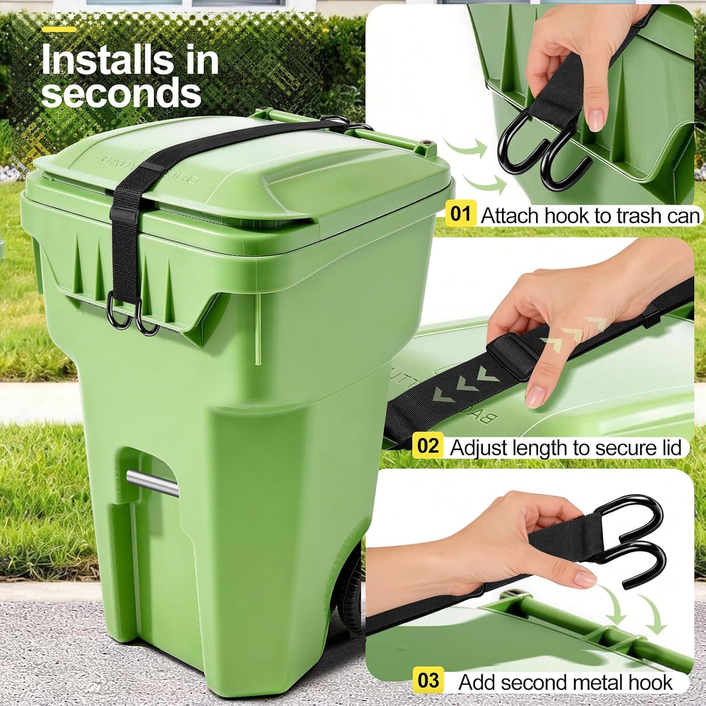 Heavy Metal Non-Slip Double Claw Trash Can Lid Lock, Adjustable Outdoor Garbage Can Lock, Windproof & Animal-Proof (Raccoons, Dogs, Bears), Universal Fit 28-96 Gallon Bins, Easy Install & Auto Release
