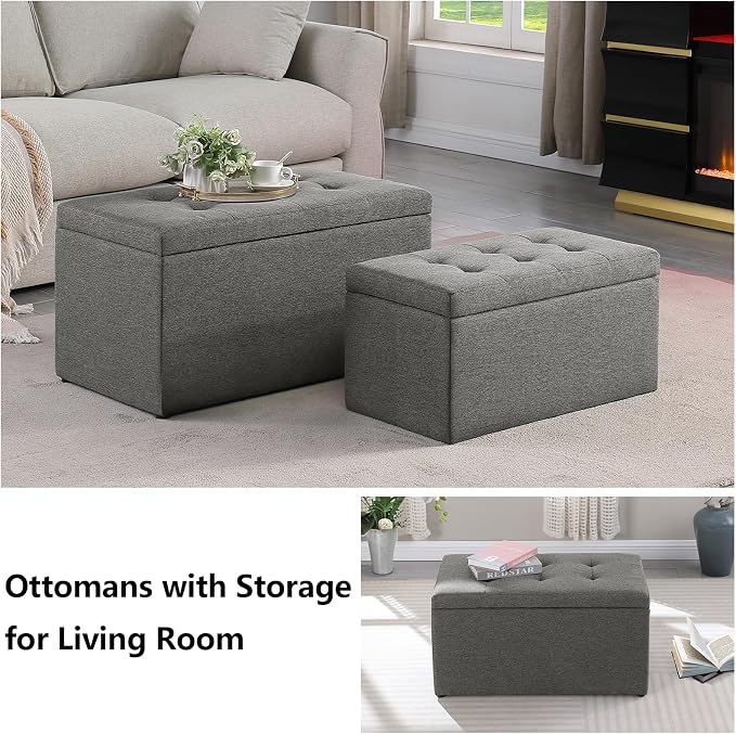 Storage Ottoman Bench with 2.56-inch Thick Seat, 31.5 inch Nesting Ottoman Set - Image 3