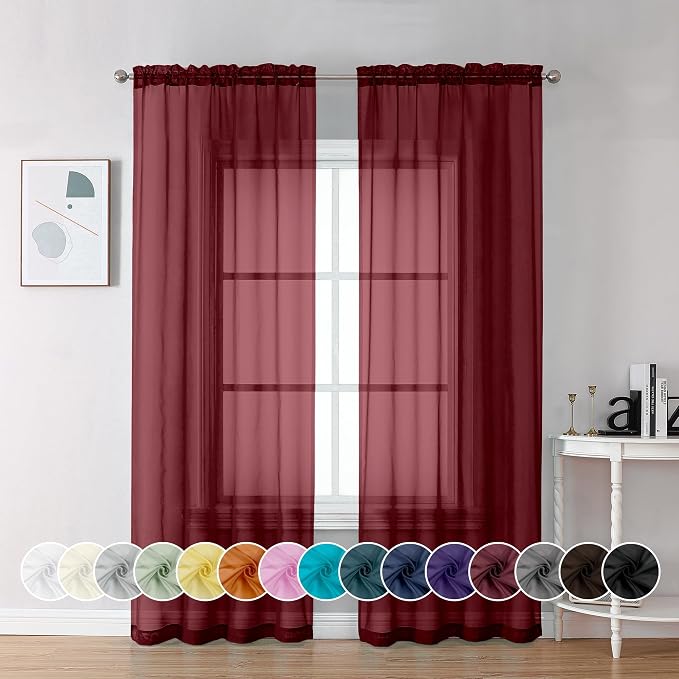 Chyhomenyc Burgundy Sheer Curtains 84 Inches Long 2 Panels Set, Light Filtering by Chyhomenyc