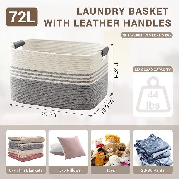 72L Large Laundry Basket with Leather Handles - Image 2