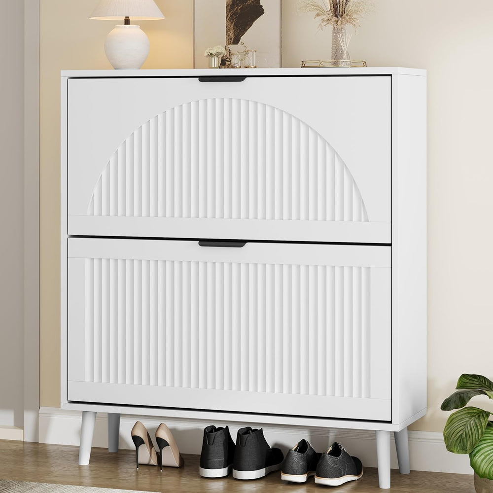 Shoe Storage Cabinet with 2 Flip Drawers, Narrow Wood Shoe Organizer Cabinet ...