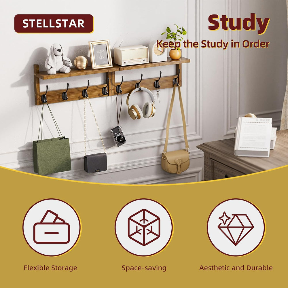 STELLSTAR Coat Rack with Shelf Wall Mount, Entryway Bamboo Hanging Shelf, Set...