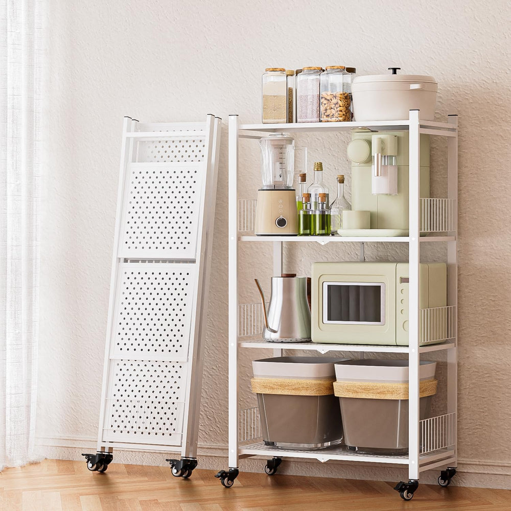 Folding Storage Shelves No Assembly, 4 Tier Foldable Storage Shelves with Whe...
