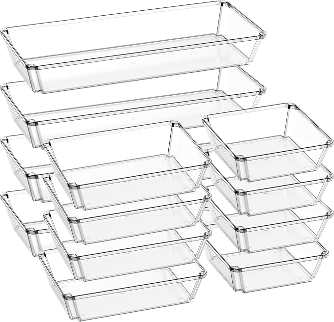 12 Pack Large Clear Plastic Drawer Organizer Trays, Desk Drawer Organizers and by JOLLYIN