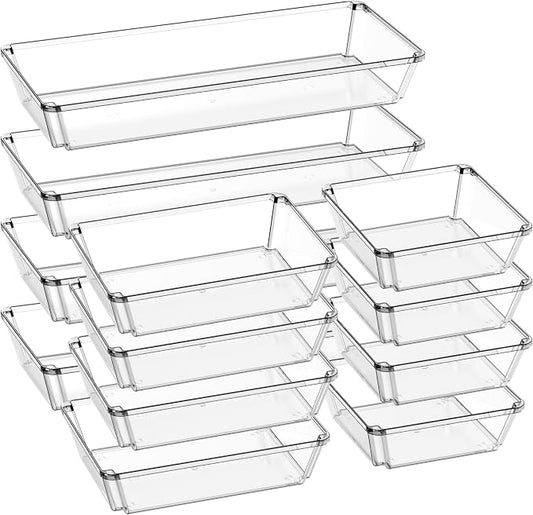 12 Pack Large Clear Plastic Drawer Organizer Trays, Desk Drawer Organizers and by JOLLYIN
