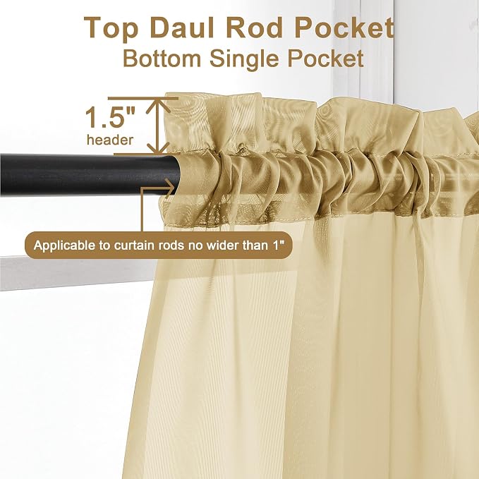 Chyhomenyc Gold Sheer Curtains 63 Inch Length 2 Panels, Rod Pocket Solid Window - Image 2