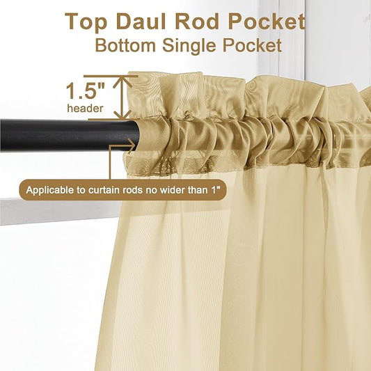 Chyhomenyc Gold Sheer Curtains 63 Inch Length 2 Panels, Rod Pocket Solid Window - Image 2