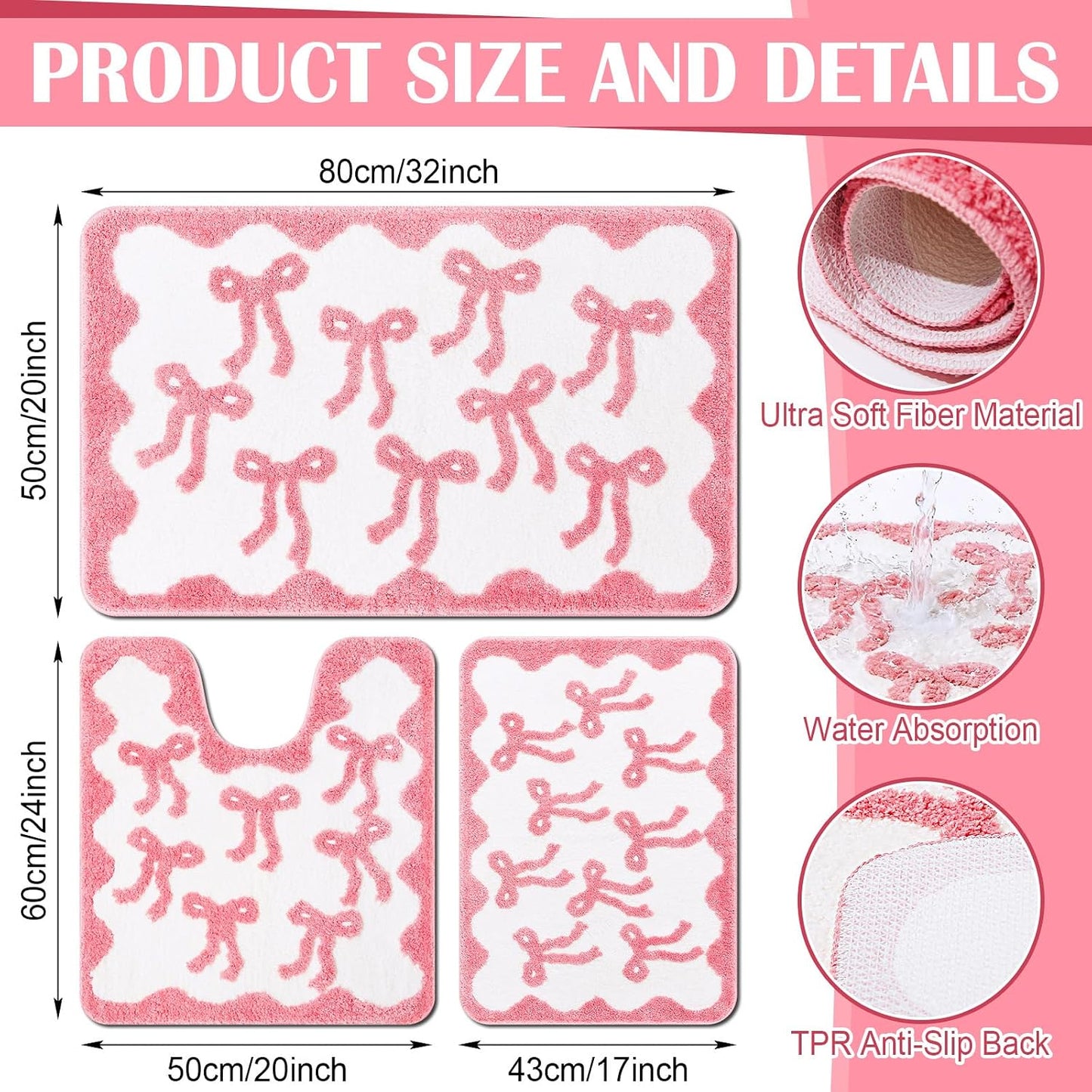 Nuanchu 3 Pcs Pink Bow Bathroom Rugs Set, Cute Bow Bath Mat Soft Non Slip Absorbent Coquette Bathroom Decor, Washable Bath Mat, U Shaped Toilet Rug for Bedroom, Living Home 31.5x20/ 24x22/ 24x17 Inch
