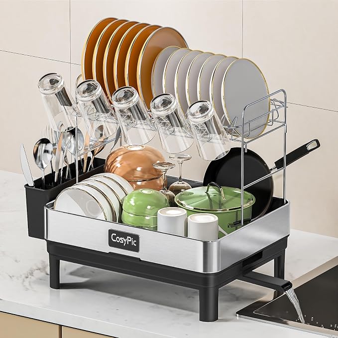 2 Tier Dish Drying Rack, Thicker Premium 304 Stainless Steel Dish Racks by CosyPic