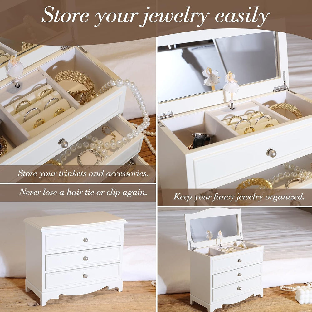 White Ballerina Musical Jewelry Box with Mirror for Girls and Women,Jewelry S...