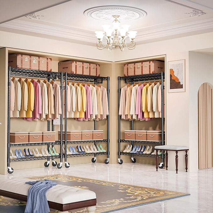 Heavy Duty Rolling Garment Rack 3 Tiers Adjustable Wire Shelving Clothes Rack - Image 3