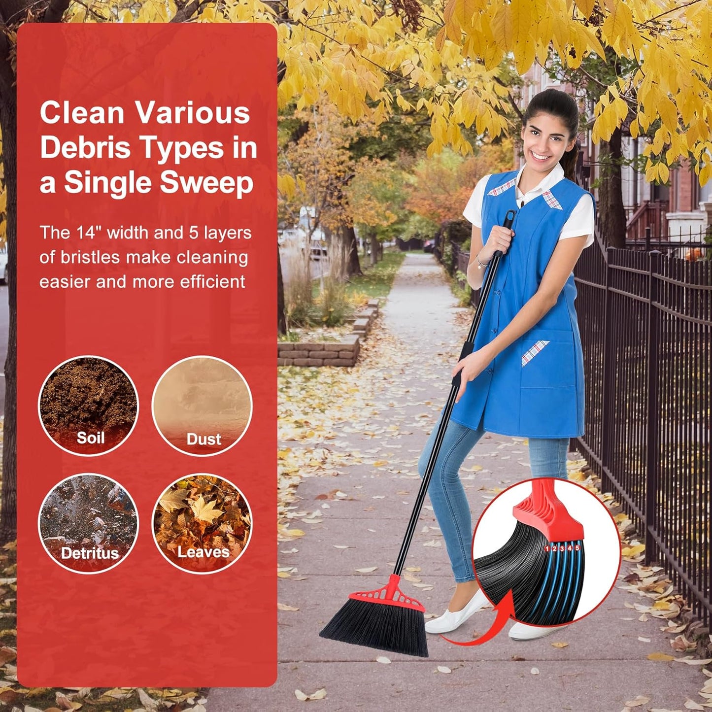 Tiumso Heavy Duty Angle Broom - 55" Adjustable Iron Handle with Stiff Bristles - Commercial-Grade Indoor/Outdoor Broom for Garage, Patio, Kitchen, Sidewalk & Concrete Cleaning (Black & Red)