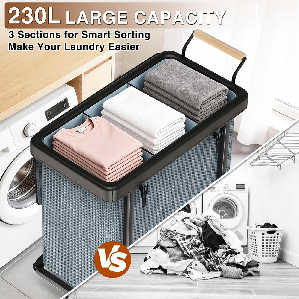 Rolling Laundry Hamper with Wheels, Laundry Hamper 3 Section with Lid Gray